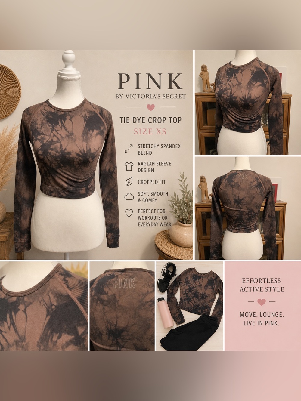 PINK Victoria's Secret Brown & Black Tie-Dye Long Sleeve Crop Top